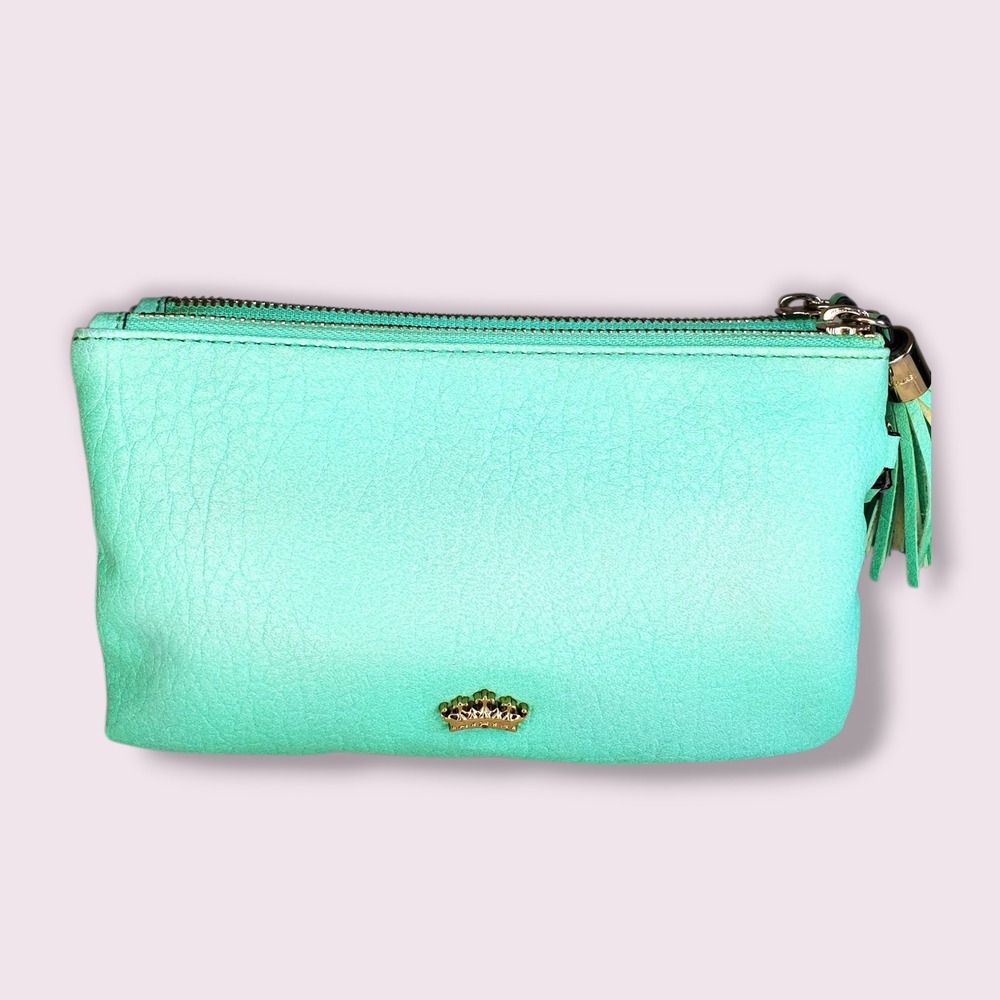 Juicy Couture Mint Green Double Zip Wristlet Pouch Tassel Clutch Gold Logo Crown - Picture 2 of 7